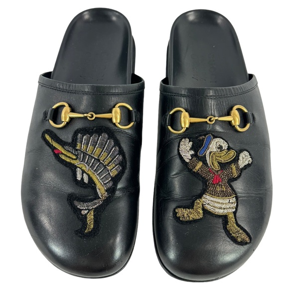 GUCCI X Disney Donald Duck Black Leather Horsebit men's black Slides 9 - 9.5US - Picture 1 of 13